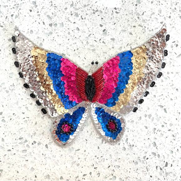 Vintage Butterfly Sequin Patch Large Light Blue Turquoise & Dark Blue - Picture 2 of 7